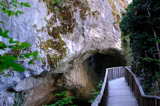 Wooden walkway path through narrow rocky canyon gorge with greenery