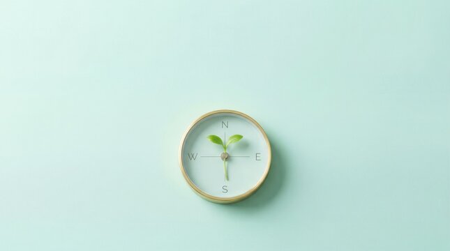 A small green sprout growing from the center of a vintage compass on a light blue background, symbolizing nature and direction