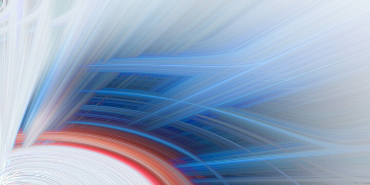 Abstract light trails creating dynamic blue and red interwoven lines on white.