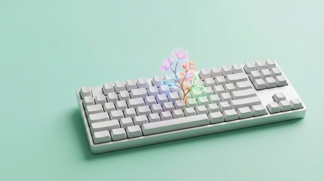 White mechanical keyboard with colorful digital sprout growing from keys on a soft mint green background representing sustainable technology growth