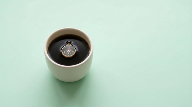 Vintage Compass Floating Inside a Minimalist Coffee Cup Representing Direction and Adventure Concept