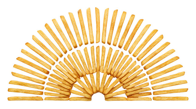 Group Of Golden French Fries Isolated On Solid White Background