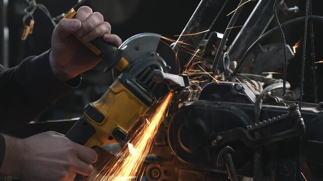 An engineer in a garage is modifying a motorcycle, sawing and trimming off excess frame elements with a circular saw.