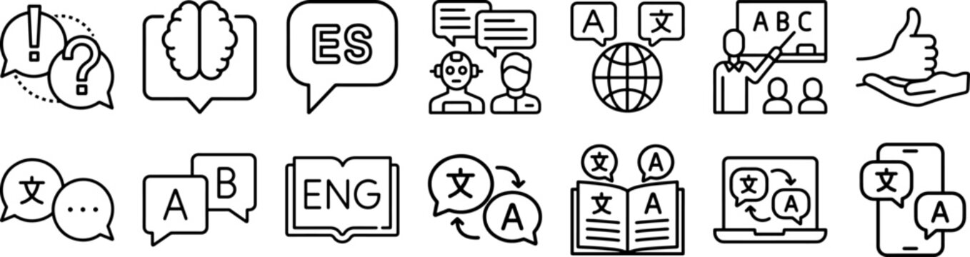 Language, linguistics, grammar Premium and Professional Icon Collection, Editable Stroke, Outline Icon Set