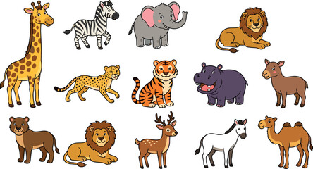 Cute safari animals cartoon vector illustration set with lion elephant giraffe tiger zebra and wild jungle fauna © RAJU
