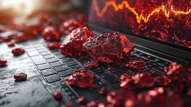 Dark ruby stones lie on keyboard near a chart