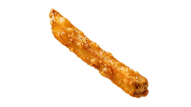Single Perfect French Fry Is Isolated On Solid White Background