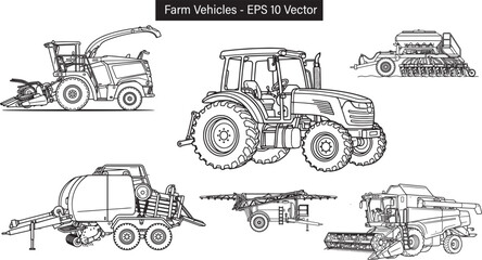 Obraz premium Premium farm machinery vector collection featuring tractor, forage harvester, baler, combine harvester, sprayer, and seeder. Editable EPS illustration bundle.