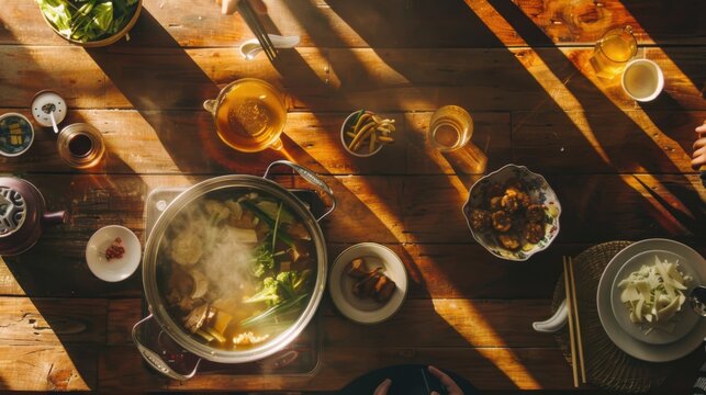 Authentic Chinese Hot Pot with Sichuan Spicy Broth, Sliced Lamb, Fish Balls, Enoki Mushrooms, and Fresh Greens for Communal Dining and Winter Warmth