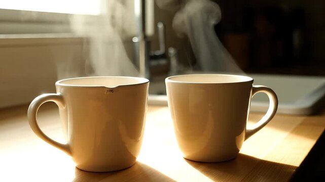 Two steaming mugs on a kitchen counter, radiating warmth.
