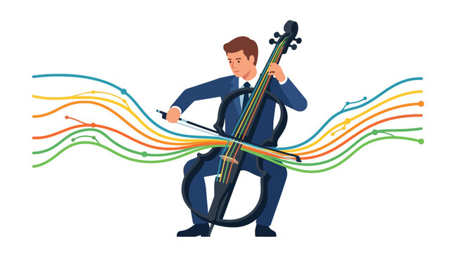 Professional business analyst playing a large cello integrated with colorful data streams and network lines flat vector illustration.