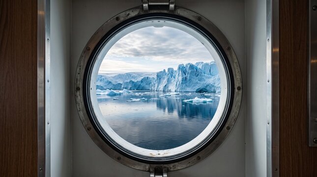 View of a majestic glacial landscape with icebergs from a ships porthole