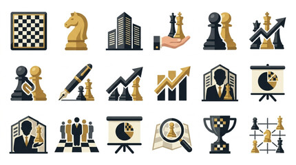 Business Strategy and Chess Game Icons Representing Competition and Success. © Amat