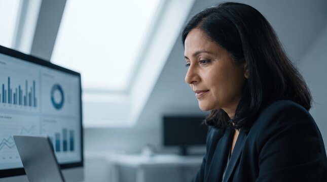 Woman video call conference with laptop and monitor showing business charts and analytics, professional female working remotely focused and engaged in virtual meeting