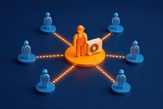 Teamwork network around technician and air conditioner support in 3D render