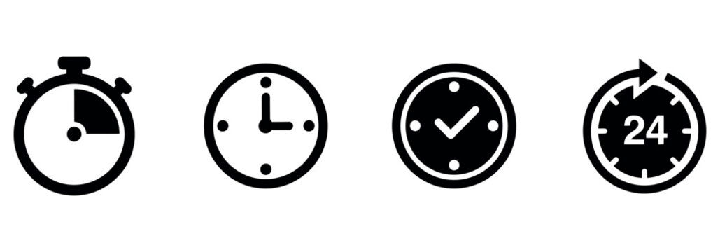 Set of black clock and time icons representing countdown, schedule, deadline and 24 hour service.