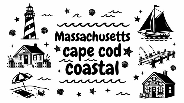 charming cape cod attractions featuring coastal cottages sailing boats sandy beaches striped lighthouses fishing piers and classic new england seaside architecture arranged
