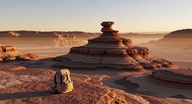 A serene pinnacle tripper exploring the rugged red rock desert landscapes during golden hour with a backpack resting on the edge of a cinematic cliffside.
