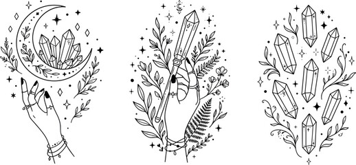 Mystical magic crystal vector illustration set with celestial moon hands leaves and esoteric stars for spiritual design © RAJU