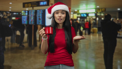 Fototapeta premium Young woman in santa hat smiling softly holds a red mug with one hand and places the other hand on her chest at airport; holiday warmth giving.
