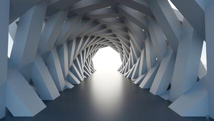 Fototapeta premium Futuristic 3D render of a grey spiral geometric parametric tunnel corridor leading to bright light