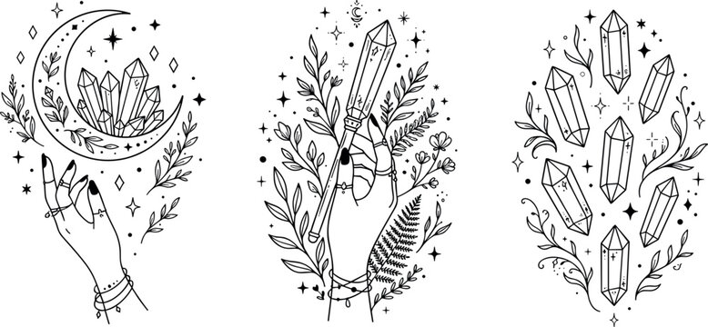 Mystical magic crystal vector illustration set with celestial moon hands leaves and esoteric stars for spiritual design