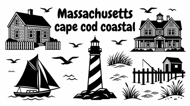 charming cape cod attractions featuring coastal cottages sailing boats sandy beaches striped lighthouses fishing piers and classic new england seaside architecture arranged