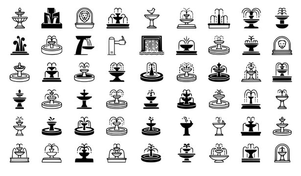 Fountain Vector Icon Set with Garden Water Architectural and Landscape Symbols
