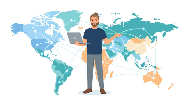 Global freelancer holding laptop against world map connection network background flat design vector illustration