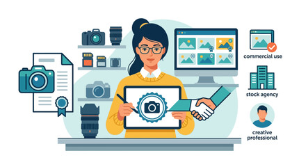 Fototapeta premium Professional photographer licensing digital imagery to a stock agency for commercial use flat design illustration