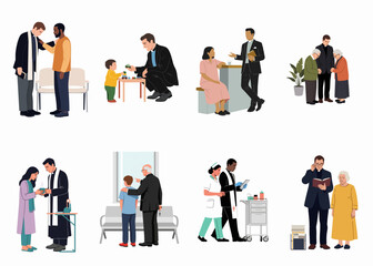Collection of flat vector illustrations depicting a priest or chaplain providing spiritual support, counseling, and care to diverse community members in various settings.