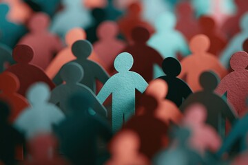 Obraz premium Paper cutout crowd background community composition featuring a central teal figure for banner and poster design
