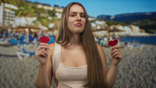 Woman with visible cleavage holds two red heart props at beach, lips pouting and eyebrows knit in skeptical expression; heartbreak doubt.
