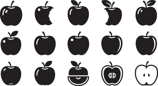 Black Apple Icons, Vector Fruit Symbols, 15 Apple Logos