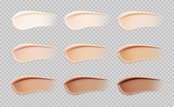 Samples of foundation smears for face mockup. 3D hight realistic vector illustration on transparent background. Scalable without lose quality. Ready layered template for your design. EPS10.
