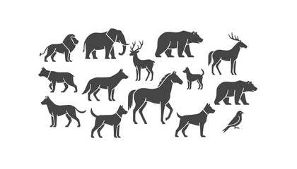Fototapeta premium Collection of diverse animal silhouettes including elephants, lions, deer, horses, bears, wolves, dogs, and birds on a plain background.