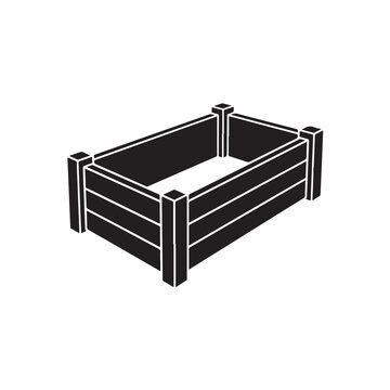 Black and white image of a garden bed, empty wooden raised planter box.