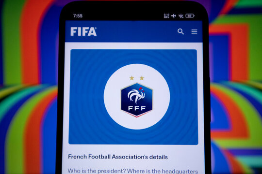 Pacitan, Indonesia - July 14, 2026 : Smartphone screen displaying the official FIFA webpage for the French Football Association (FFF) details.