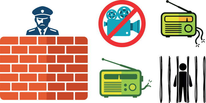 Media Censorship and Authoritarian Control Icon Set Featuring Guard Behind Brick Wall Forbidden Video Camera Jammed Radio Signals and Prisoner in Jail Vector Graphic
