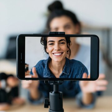 Smiling woman vlogging with smartphone on tripod for social media content creator video recording and online engagement banner or thumbnail