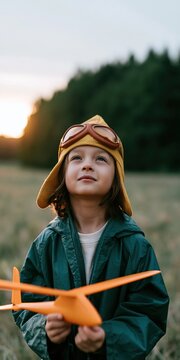 Child holding orange toy airplane wearing vintage pilot hat and jacket in a field at sunset for outdoor play and adventure poster background