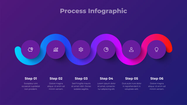 Six Step Wavy Process Infographic with Circular Stages for Project Development, Progress Tracking and Milestone Presentation on Dark Background