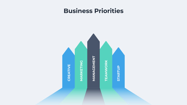Five Step Upward Arrow Priority Infographic for Business Ranking, Strategic Planning and Management Presentation on Light Background