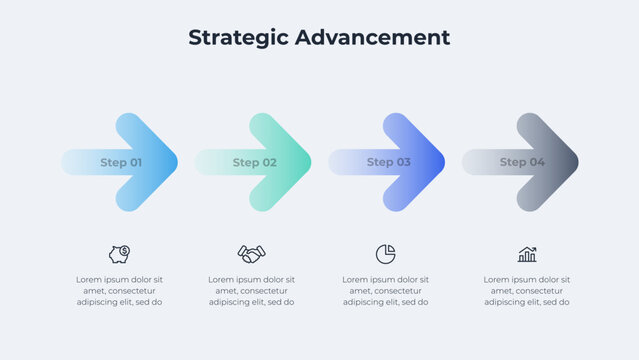 Four Step Horizontal Arrow Progression Infographic for Strategic Advancement, Project Stages and Business Development on Light Background