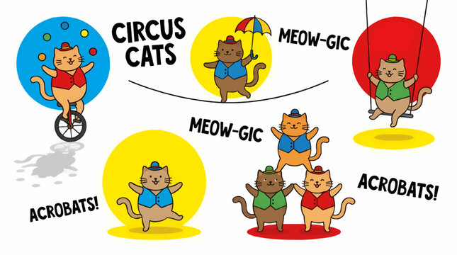Playful Circus Cats Performing Various Acrobatics, Juggling, Tightrope Walking, and Swinging, Flat Cartoon Illustration with Bold Colors and Text