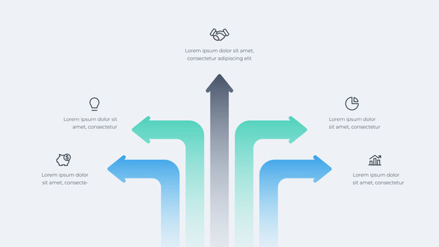 Five Direction Branching Arrow Infographic for Decision Paths, Growth Strategy and Multiway Business Planning on Light Background