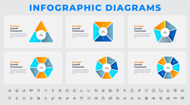Three to Eight Step Radial Business Infographic Diagram Collection with Circular Segments and Financial Icon Set on Light Background