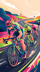 Fototapeta premium Professional Cycling Race with Cyclists Riding Road Bikes on Mountain Course, Dynamic Flat Vector Illustration of Competitive Sports Event with Vibrant Colors and Motion Blur Effect
