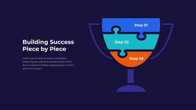 Three Step Puzzle Trophy Infographic for Business Success, Goal Achievement and Strategic Growth on Dark Background