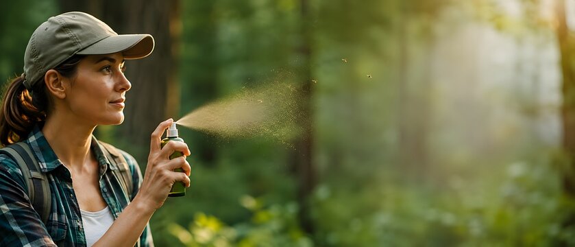 Woman hiker spraying insect repellent on arm in forest. Tourist protecting skin from mosquito bite during trekking. Practical outdoor gear, health safety and summer hiking equipment.